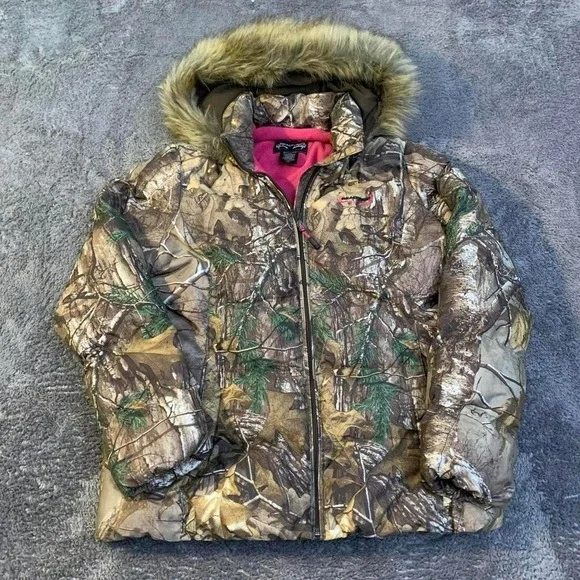 REALTREE Camo women's Puffer with faux fur hood and pink fleece Size L - Picture 1 of 8